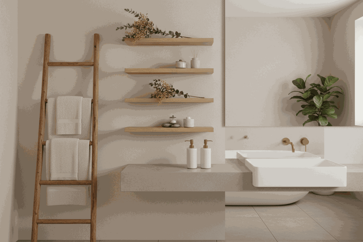 Bathroom Storage with a wooden towel ladder, floating shelves, folded white towels and minimal countertop accessories