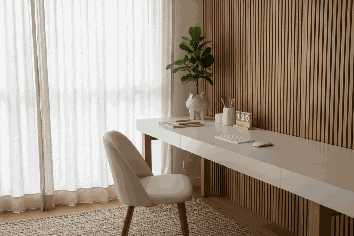 Home office desk in white with a beige upholstered chair, wooden slat panel and plant, Creating a calm workspace