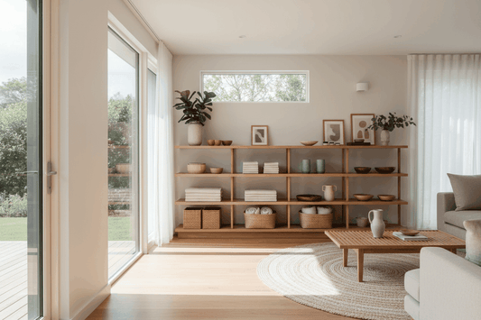 Home & Living interior with warm wood shelving, woven storage baskets, neutral decor, and a bright, uncluttered lounge
