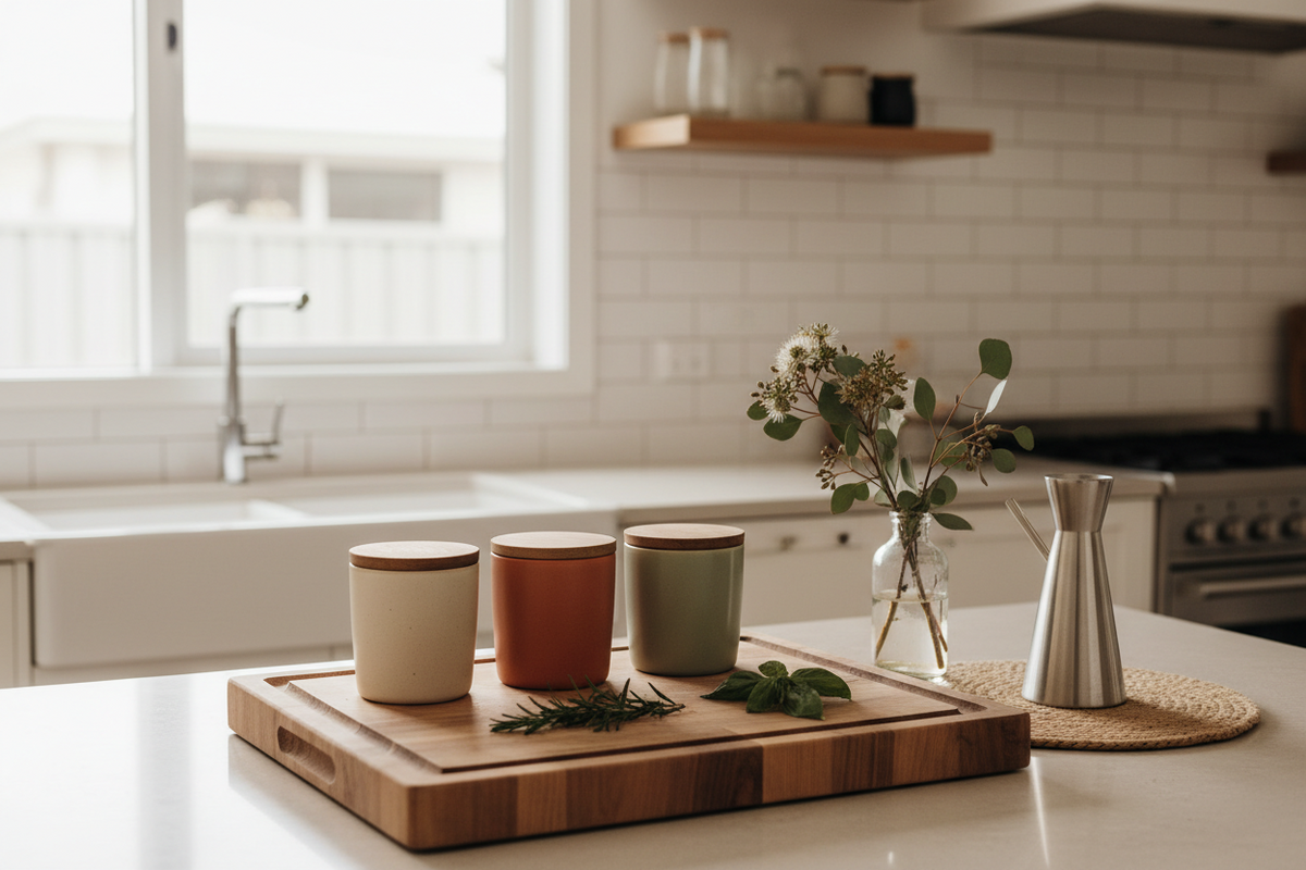 organise your kitchen bench with three ceramic canisters in neutral colours on a wooden tray beside a metal utensil holder