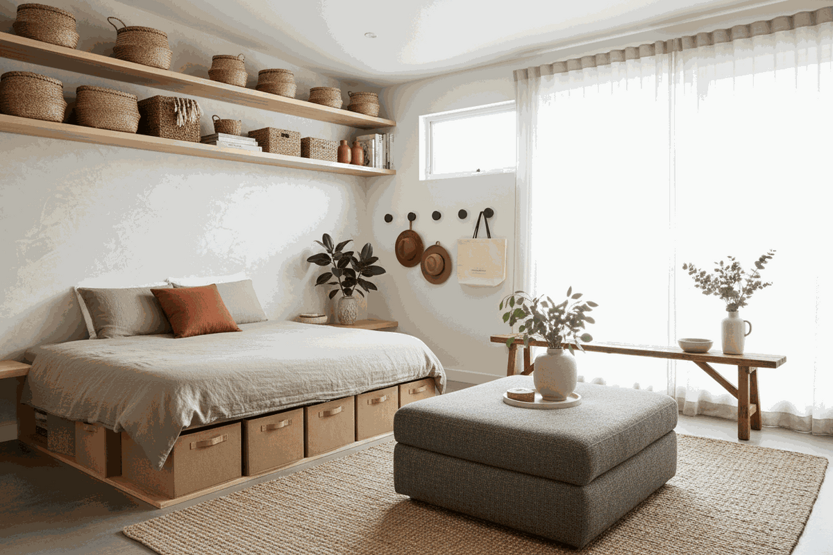 Storage Solutions for Small Spaces with a low bed featuring built-in drawers, woven baskets on wall shelves and a storage ottoman