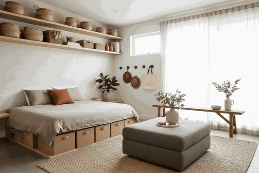 Storage Solutions for Small Spaces with a low bed featuring built-in drawers, woven baskets on wall shelves and a storage ottoman