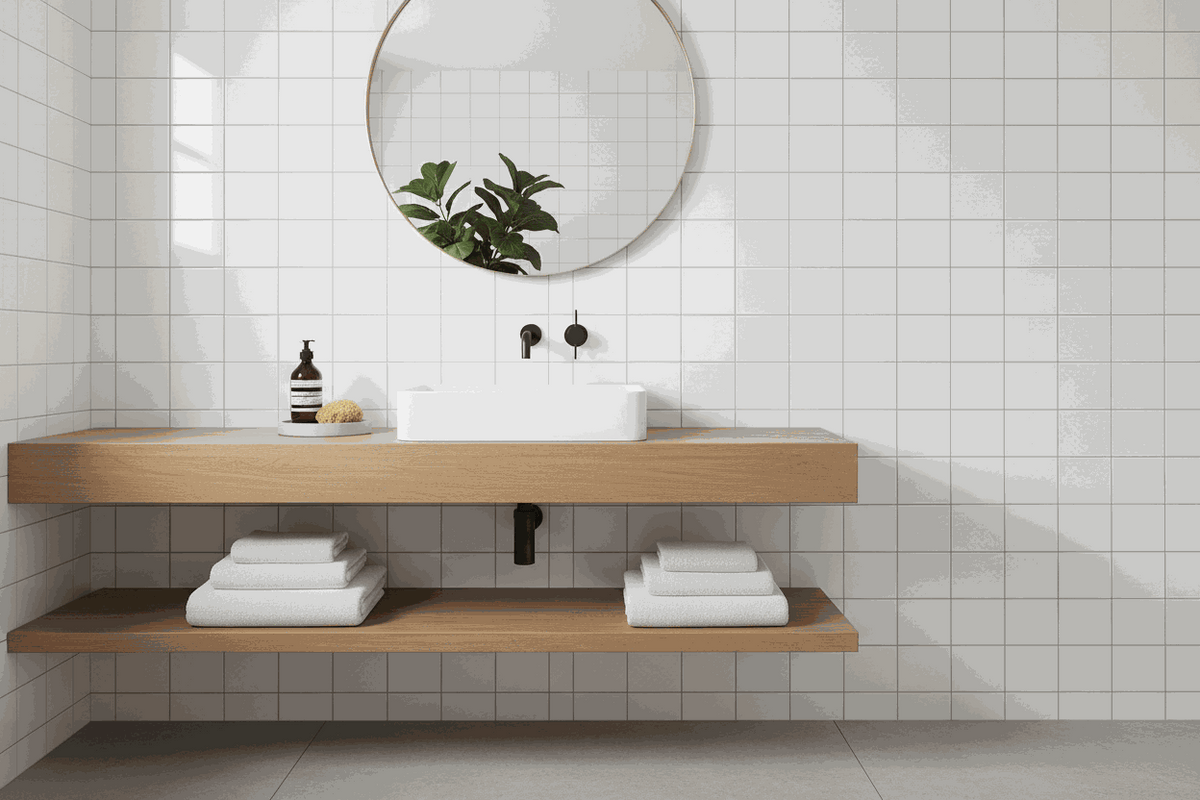 wall-mounted soap dispenser in a minimalist bathroom, a small dark bottle with a pump beside a white basin