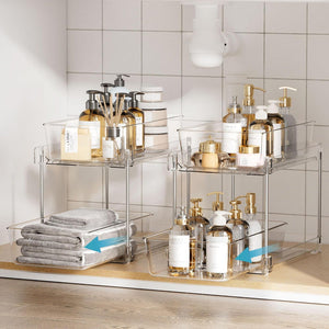 1 Pack Bathroom Organizer with clear acrylic shelves and silver metal frames, holding toiletries and folded towels