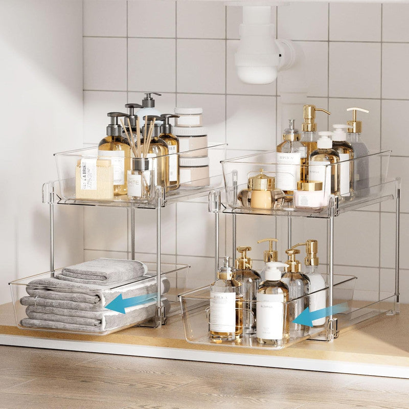 1 Pack Bathroom Organizer with clear acrylic shelves and silver metal frames, holding toiletries and folded towels
