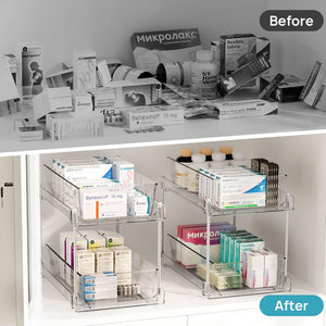 1 Pack Bathroom Organizer with clear tiered drawers and metal supports, neatly sorting medicine boxes and bottles
