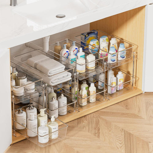 1 Pack Bathroom Organizer with clear two-tier pull-out baskets, chrome metal frames and bottles stored under a sink