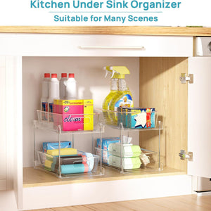 1 Pack Bathroom Organizer, clear two-tier plastic storage bins with metal frames and open pull-out baskets