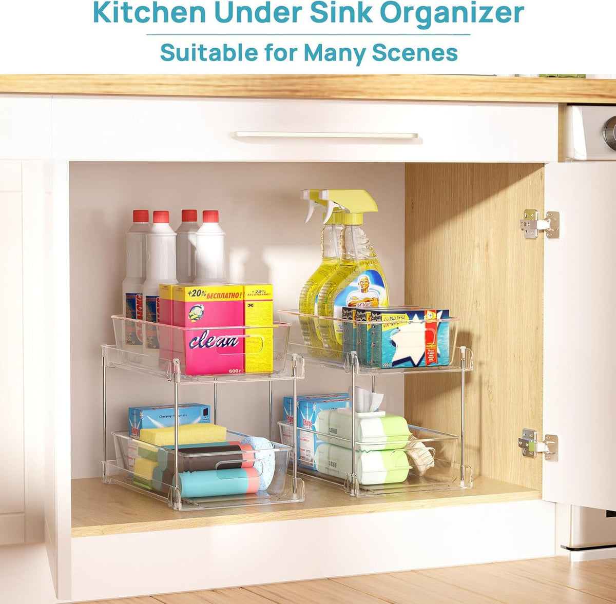 1 Pack Bathroom Organizer, clear two-tier plastic storage bins with metal frames and open pull-out baskets
