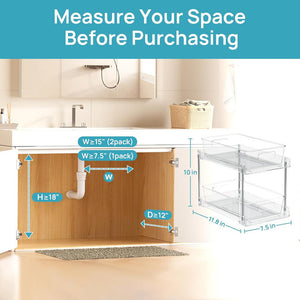 1 Pack Bathroom Organizer, clear two-tier pull-out storage drawers with a slim frame and open handles