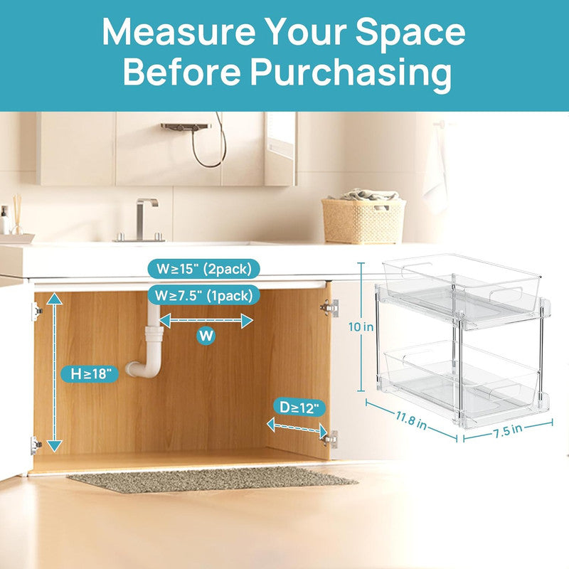 1 Pack Bathroom Organizer, clear two-tier pull-out storage drawers with a slim frame and open handles