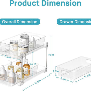 1 Pack Bathroom Organizer with two clear plastic pull-out drawers, stainless steel supports and built-in handles