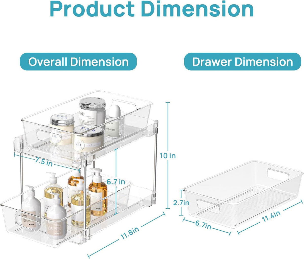 1 Pack Bathroom Organizer with two clear plastic pull-out drawers, stainless steel supports and built-in handles
