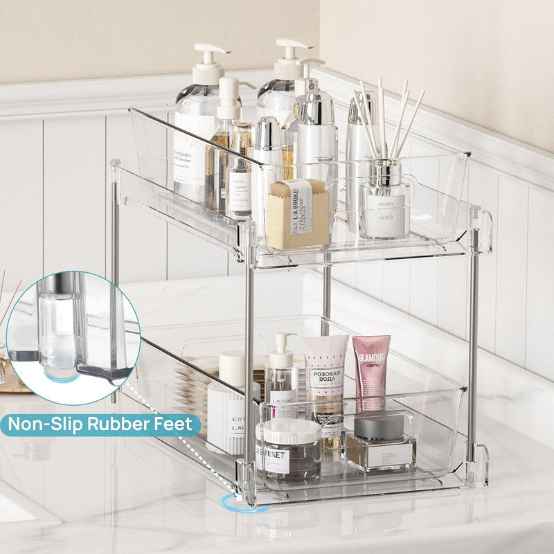 1 Pack Bathroom Organizer with two clear pull-out trays, silver metal support rails, and visible non-slip rubber feet.
