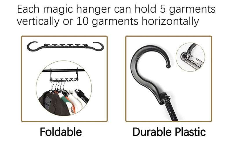 10-Pack 360° Rotating Magic Cascading Hangers, black plastic foldable hangers with swivel hooks for vertical or horizontal use