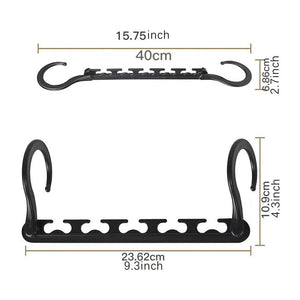 10-Pack 360° Rotating Magic Cascading Hangers in black plastic, shown with curved end hooks and multiple garment slots