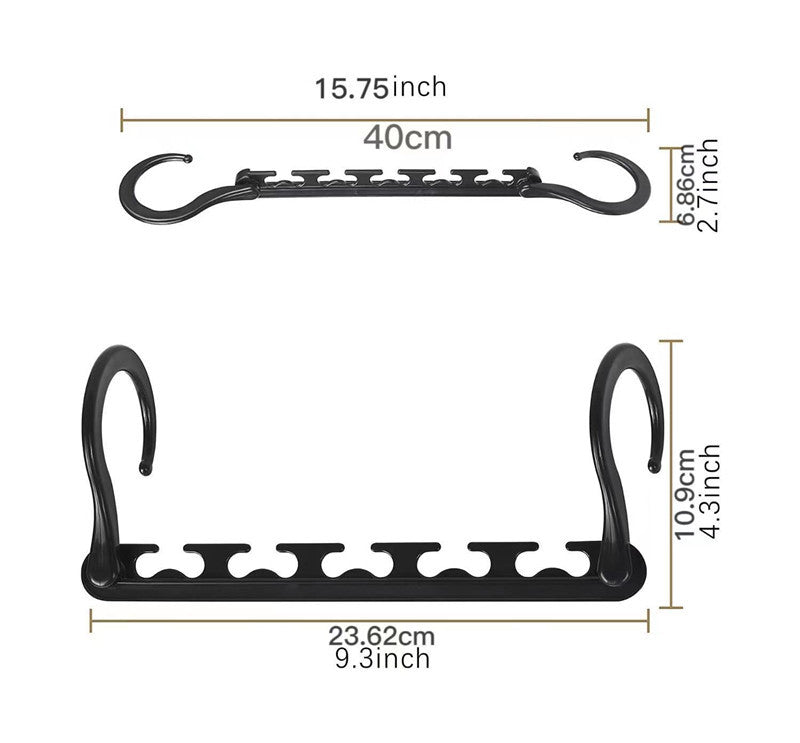 10-Pack 360° Rotating Magic Cascading Hangers in black plastic, shown with curved end hooks and multiple garment slots