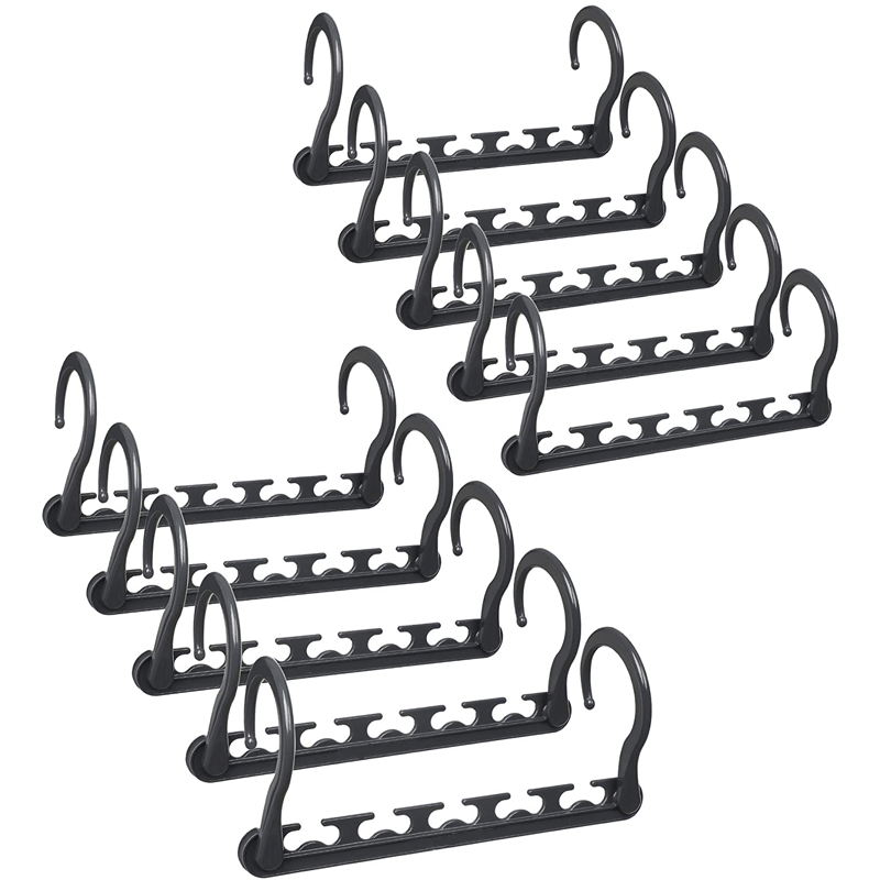 10-Pack 360° Rotating Magic Cascading Hangers in black plastic, each with a row of garment slots and a curved swivel hook.