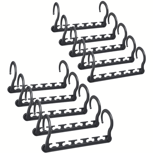 10-Pack 360° Rotating Magic Cascading Hangers in black plastic, each with a row of garment slots and a curved swivel hook.