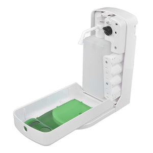1000mL Automatic Soap Dispenser in white ABS plastic with an exposed refill bottle, dispensing nozzle and green base