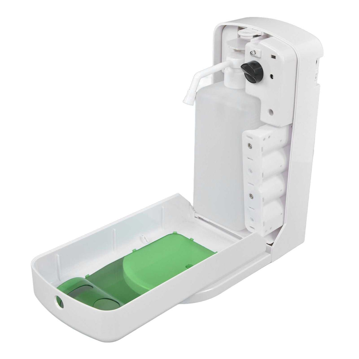 1000mL Automatic Soap Dispenser in white ABS plastic with an exposed refill bottle, dispensing nozzle and green base