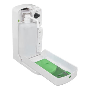 1000mL Automatic Soap Dispenser in white ABS plastic, shown open with a large refill bottle and green base