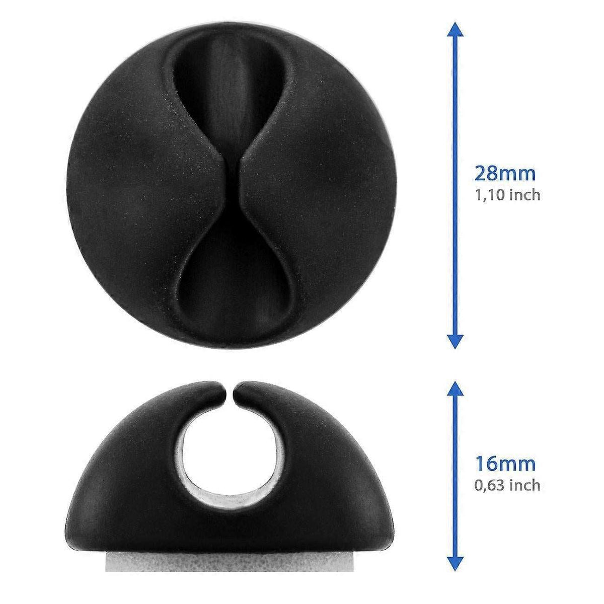 10pcs Black Cable Clamps, rounded black adhesive cable holders with a split opening and 28 mm diameter