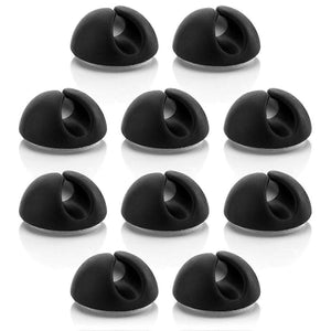 10pcs Black Cable Clamps with a smooth black finish, curved cable slots, and flat adhesive bases, shown as a ten-piece set