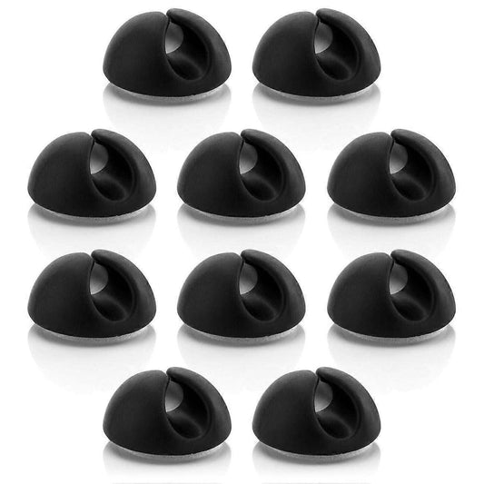 10pcs Black Cable Clamps with a smooth black finish, curved cable slots, and flat adhesive bases, shown as a ten-piece set