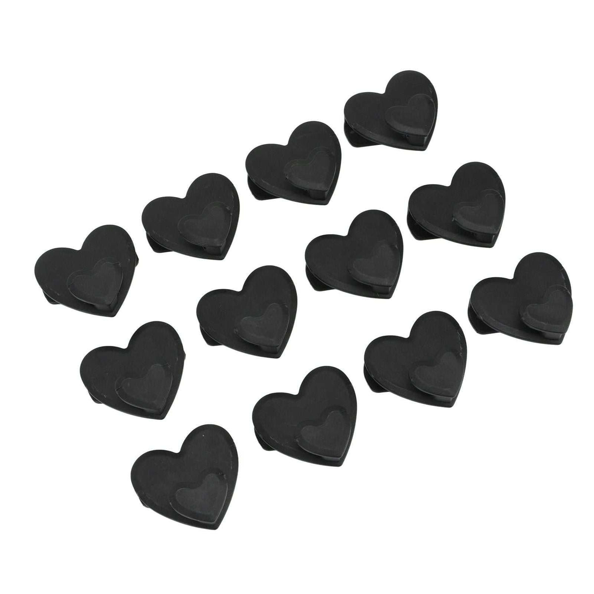 12pcs Clothes Hanger connector hooks in black plastic, each with a distinctive heart-shaped top and layered design