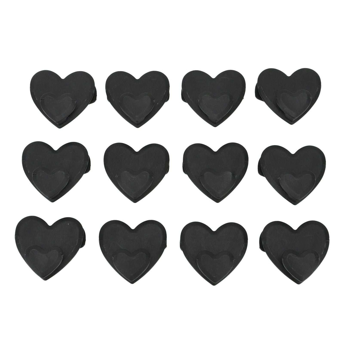 12pcs Clothes Hanger set of black plastic connector hooks, each with a heart-shaped outline and raised heart detail