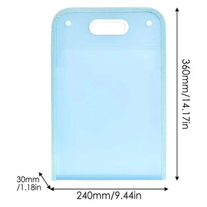 13-Pocket A4 File Storage Bags in translucent blue PP material with handle cutout and reinforced edges, measuring 360mm by 240mm.