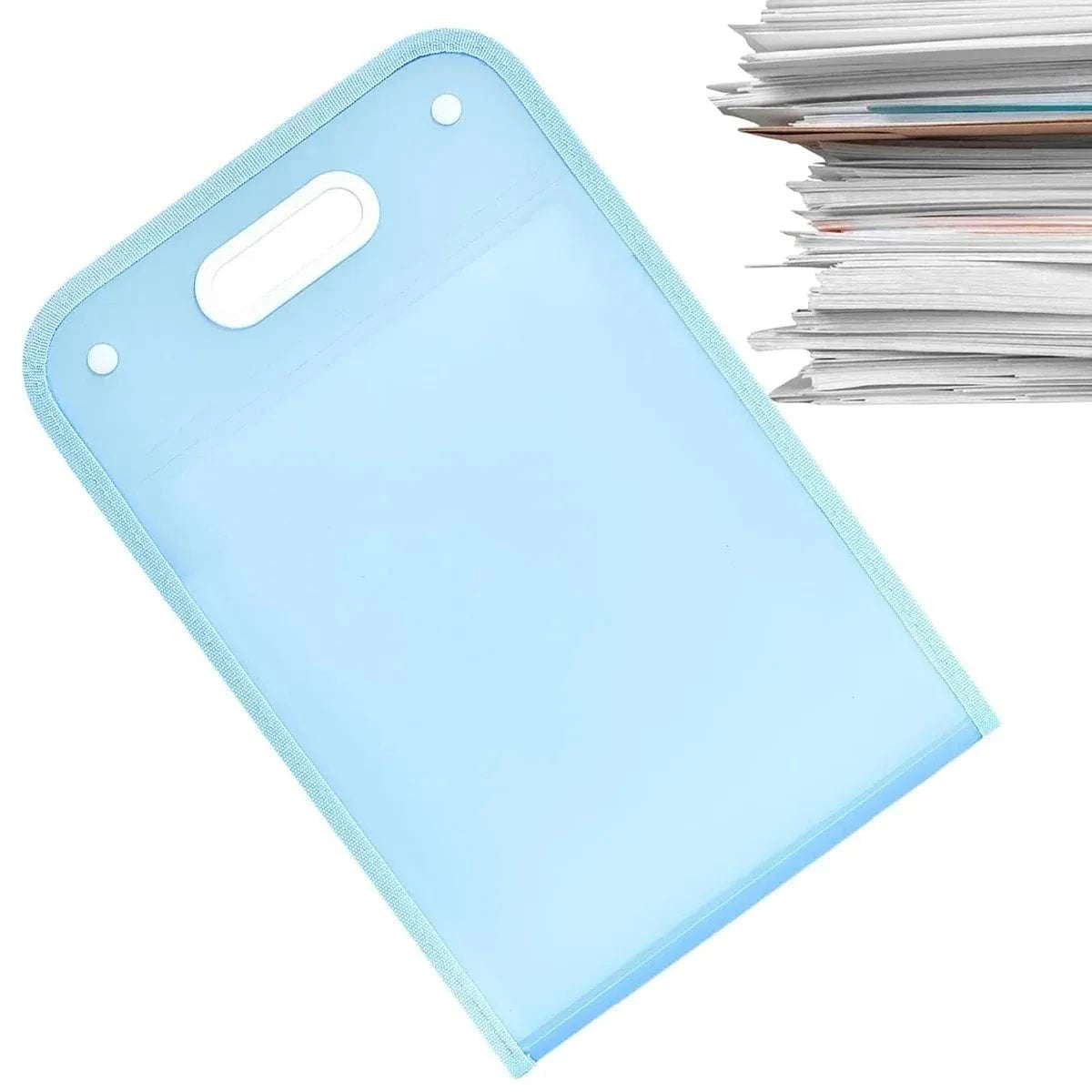 Light blue translucent polypropylene file storage bag with handle, shown next to a stack of papers for size reference, not white 13-Pocket A4 File Storage Bags