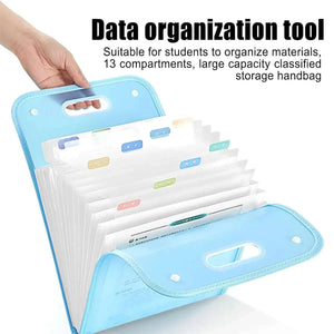 13-Pocket A4 File Storage Bags in blue with translucent pockets, fabric trim, and a handle for portable document organization.
