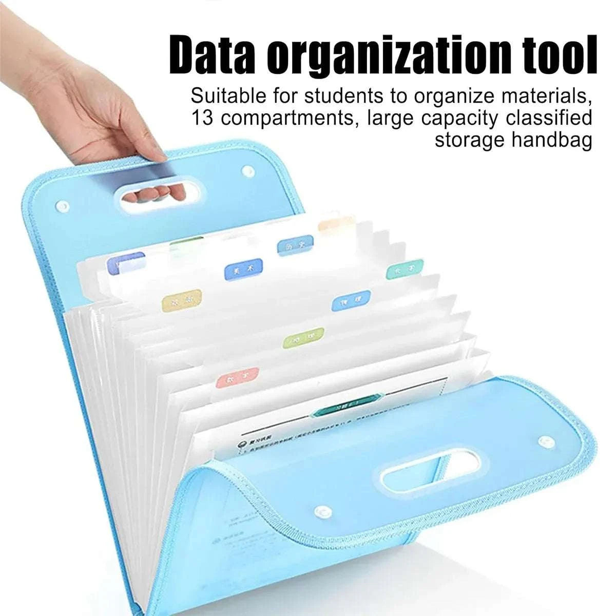 13-Pocket A4 File Storage Bags in blue with translucent pockets, fabric trim, and a handle for portable document organization.