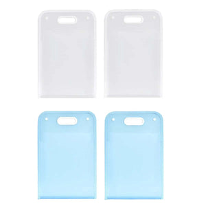 Two sets of 13-Pocket A4 File Storage Bags in white and blue, made from translucent durable PP material with carry handles.