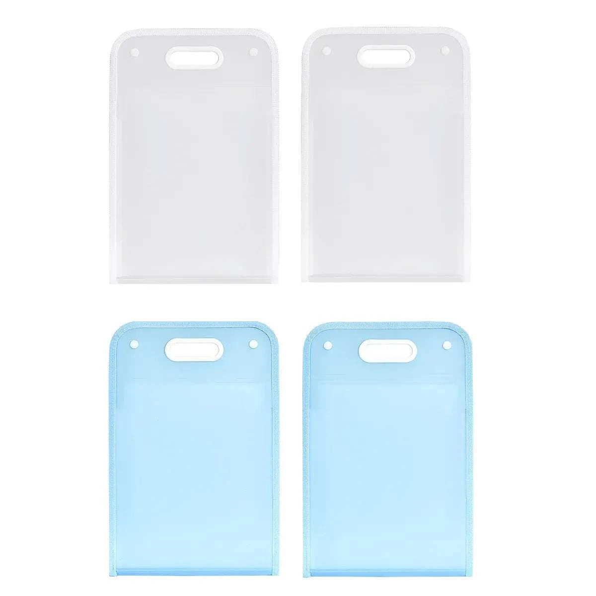 Two sets of 13-Pocket A4 File Storage Bags in white and blue, made from translucent durable PP material with carry handles.