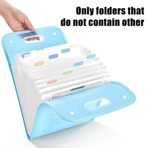 13-Pocket A4 File Storage Bags in light blue PP material with built-in handle and labeled tab dividers for document organization