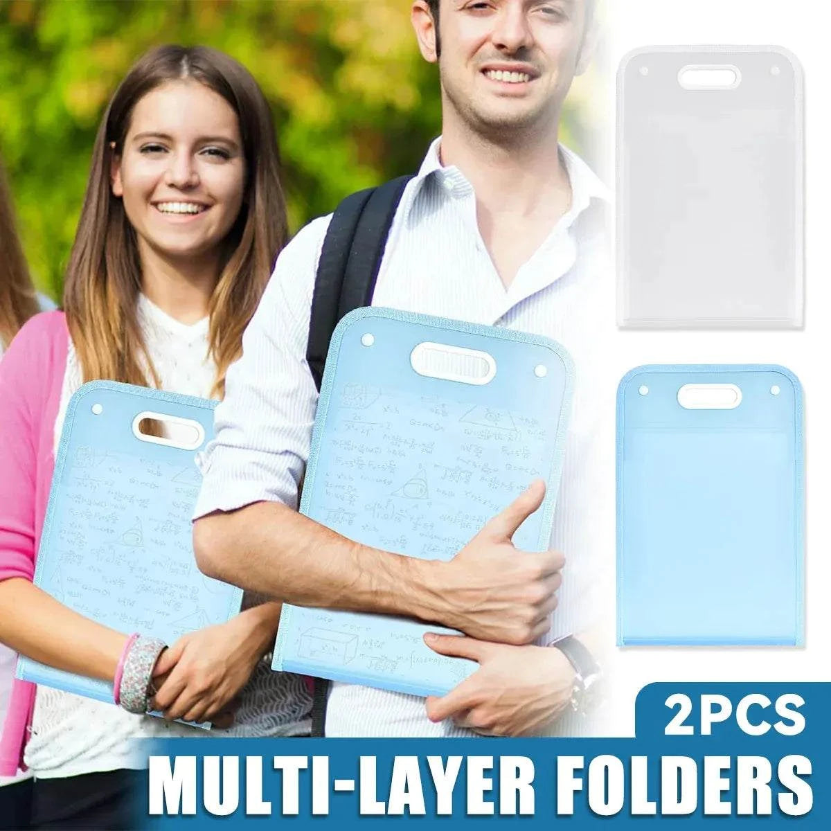 13-Pocket A4 File Storage Bags in white and blue, durable lightweight PP material with handle cutouts for easy carrying, 2-pack.