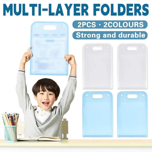 13-Pocket A4 File Storage Bags in white and light blue, made of durable translucent plastic with a handle cutout for portability.