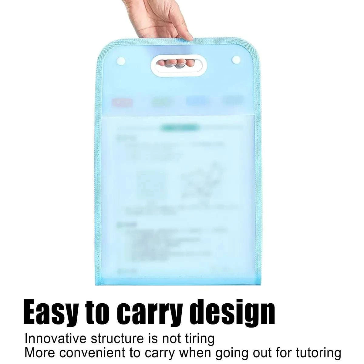 13-Pocket A4 File Storage Bags in blue with a handle, translucent material, and multiple internal pockets for organizing documents.