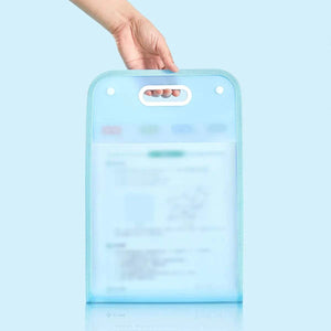 13-Pocket A4 File Storage Bags in translucent blue PP material with a built-in handle and snap button closures for document organization.