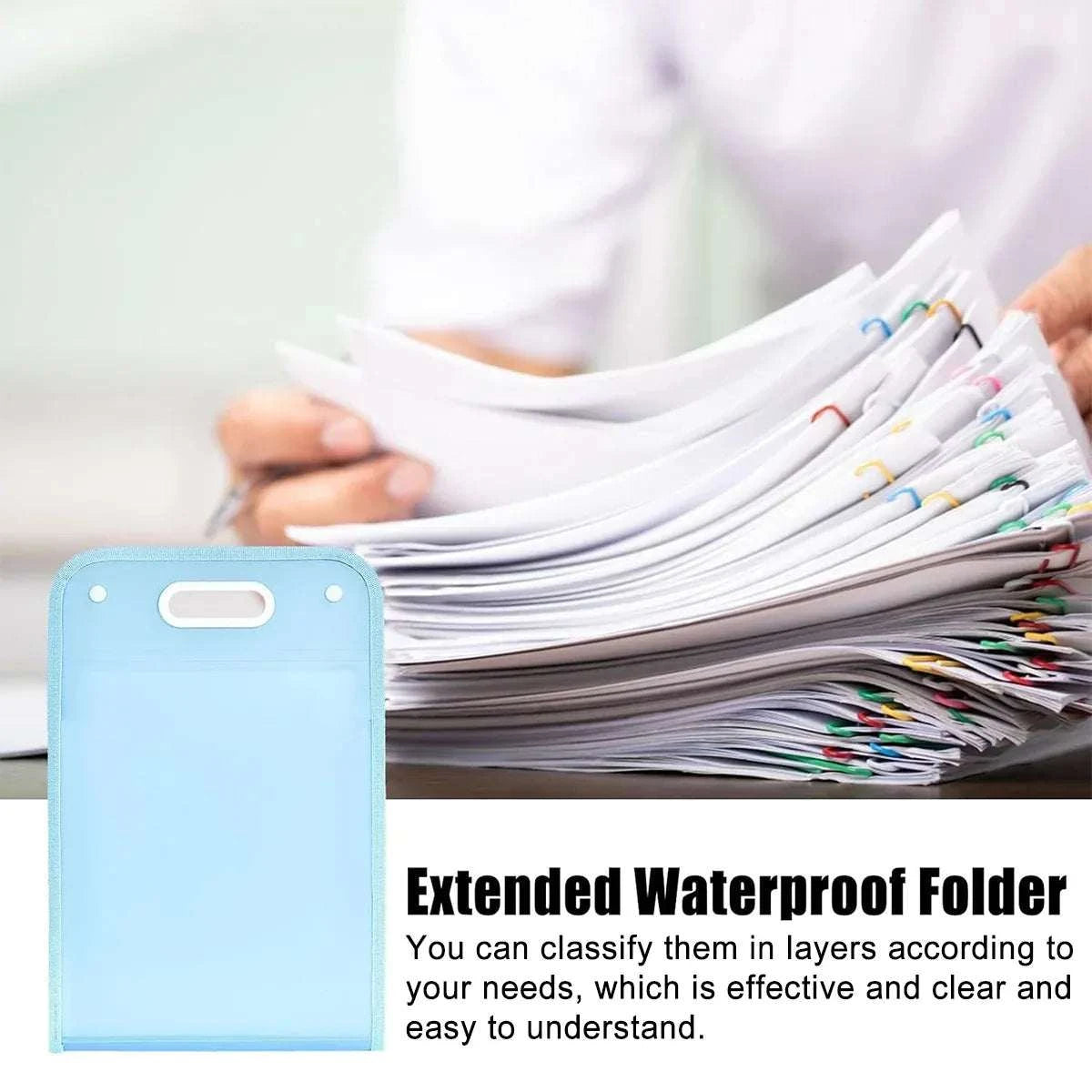 Blue waterproof folder made of durable material with a handle cutout, shown alongside organized 13-Pocket A4 File Storage Bags