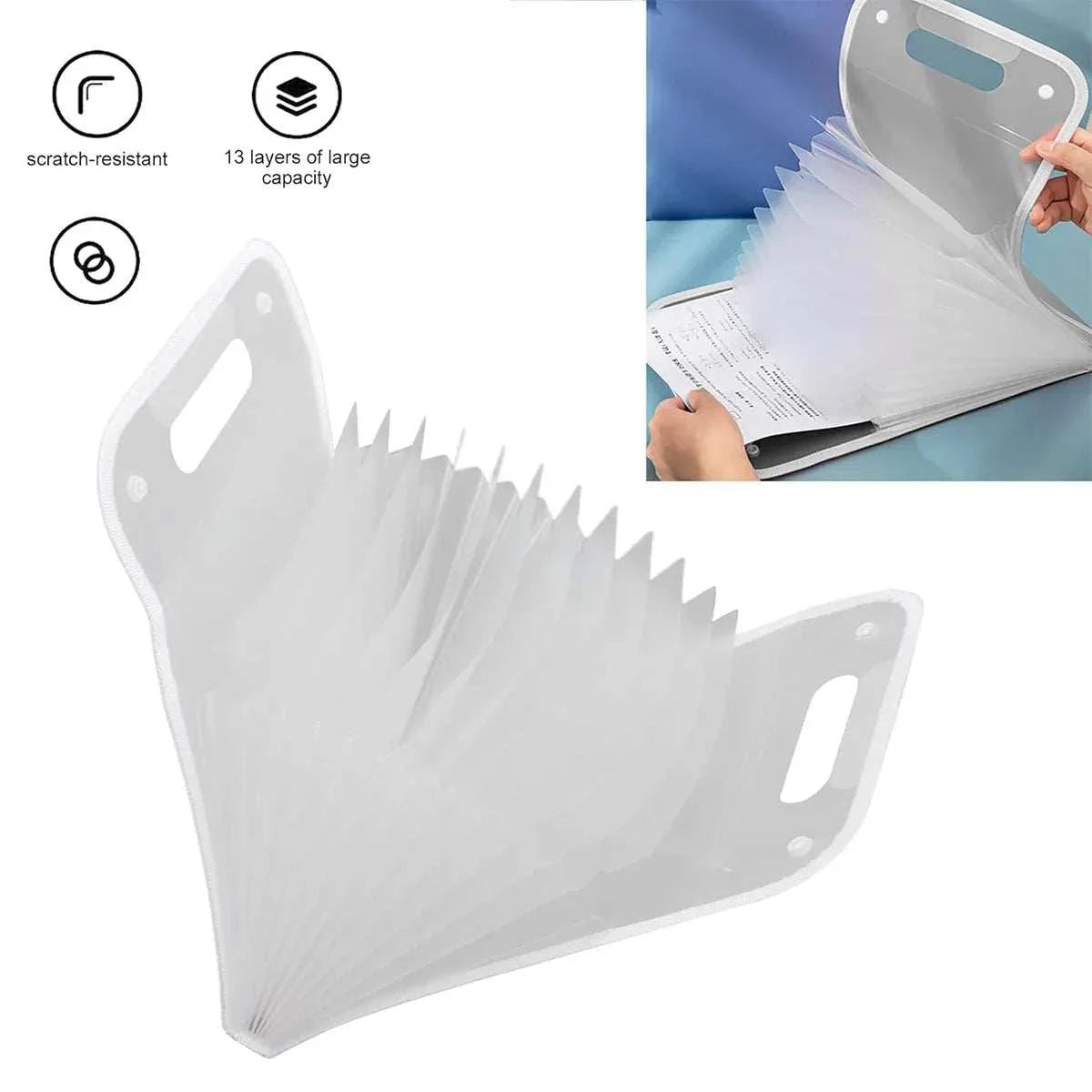 13-Pocket A4 File Storage Bags in white PP material with 13 transparent pockets and a carry handle for organised document storage