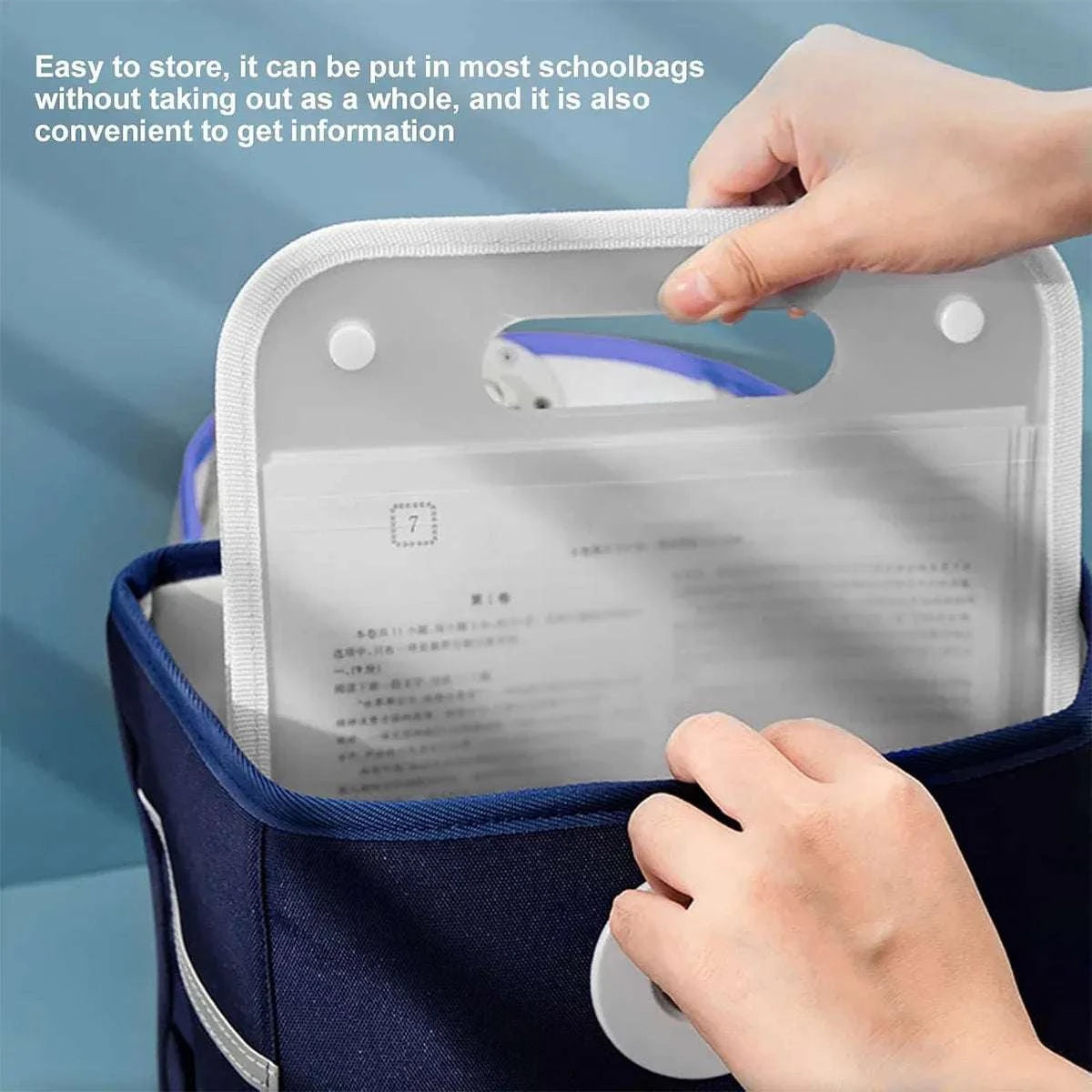 13-Pocket A4 File Storage Bags in white PP material with built-in handle, showing document storage being placed inside a bag.