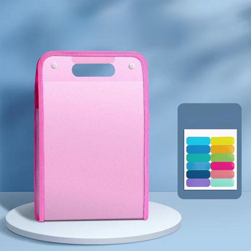 13 Pocket Expanding File Organiser in pink plastic with a reinforced edge, integrated carry handle and colourful labels