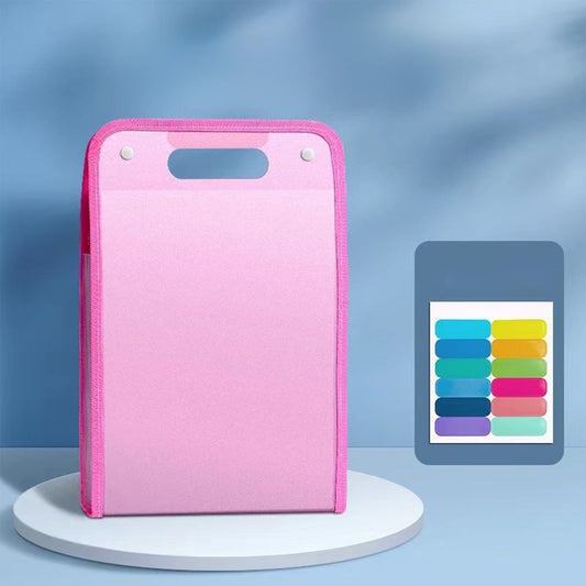13 Pocket Expanding File Organiser in pink plastic with a reinforced edge, integrated carry handle and colourful labels