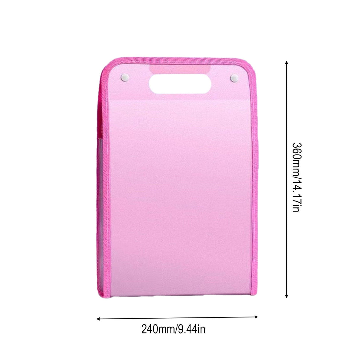 13 Pocket Expanding File Organiser in pink plastic with reinforced edging, a built-in carry handle and two metal rivets