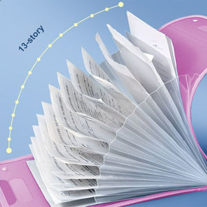 13 Pocket Expanding File Organiser in pink plastic, opened to display white expandable compartments filled with papers
