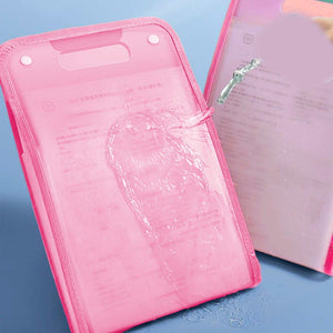 13 Pocket Expanding File Organiser in translucent pink plastic with a top carry handle and expandable sections